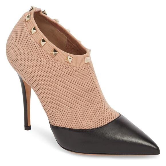 Valentino Rockstud Black Leather Nude Sock Stud Heel Short Ankle Boot Bootie 41 - Picture 2 of 12